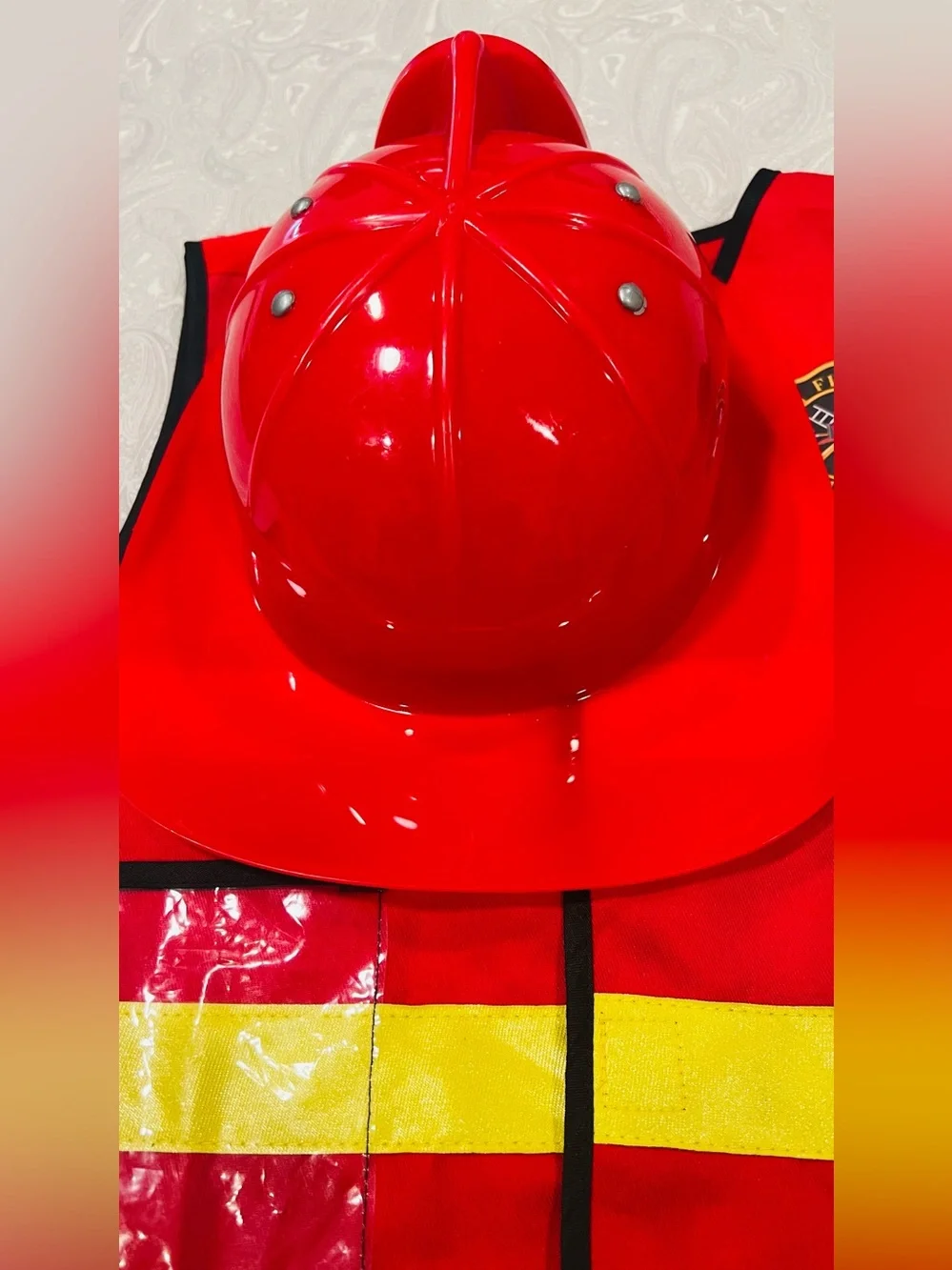 Children's Red Firefighter Vest & Helmet Set with Yellow Ax